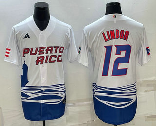 Mens Puerto Rico Baseball #23 Francisco Lindor White 2023 World Baseball Classic Stitched Jerseys